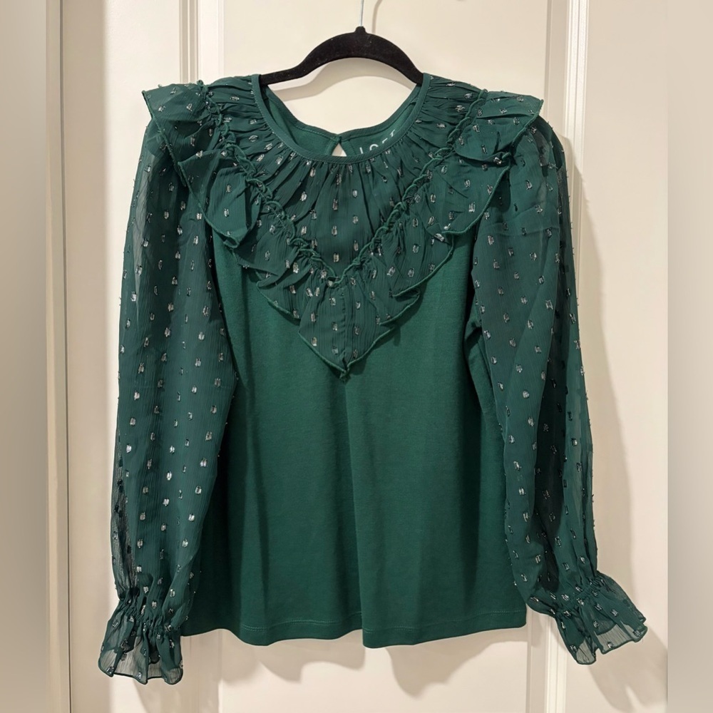 LOFT Teal Ruffle Blouse with Sheer Sleeves